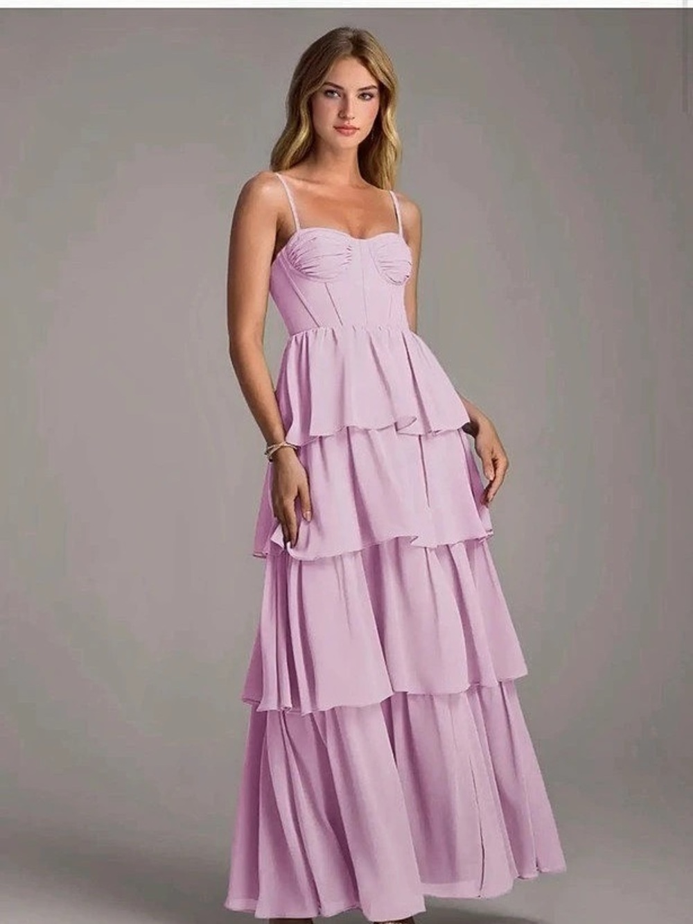 Azazie Alanna Bridesmaid Dress Pink Tiered Maxi